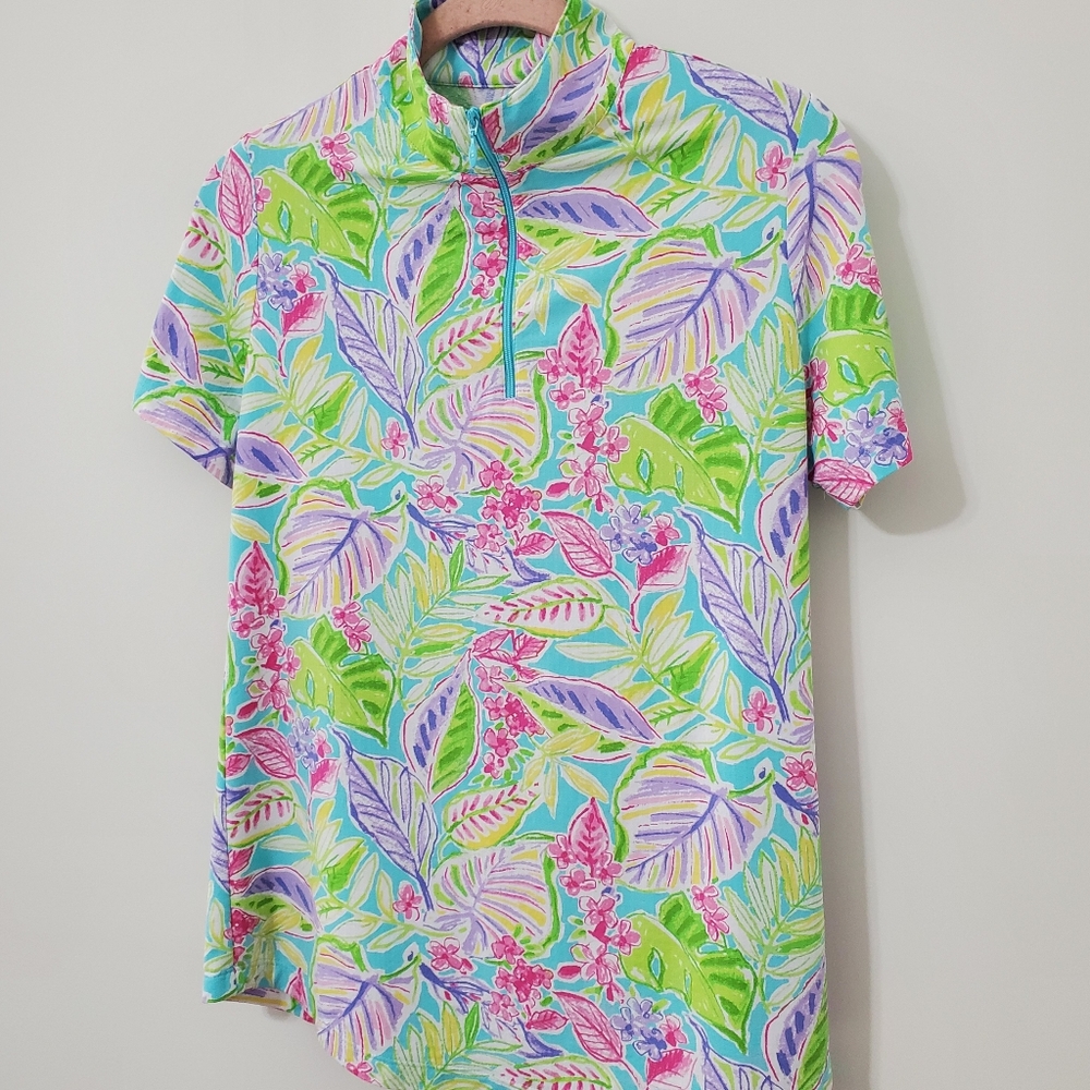 IBKUL Short Sleeve Mock Neck Quarter Zip Tropical Print Athleisure Top Small - Picture 3 of 6